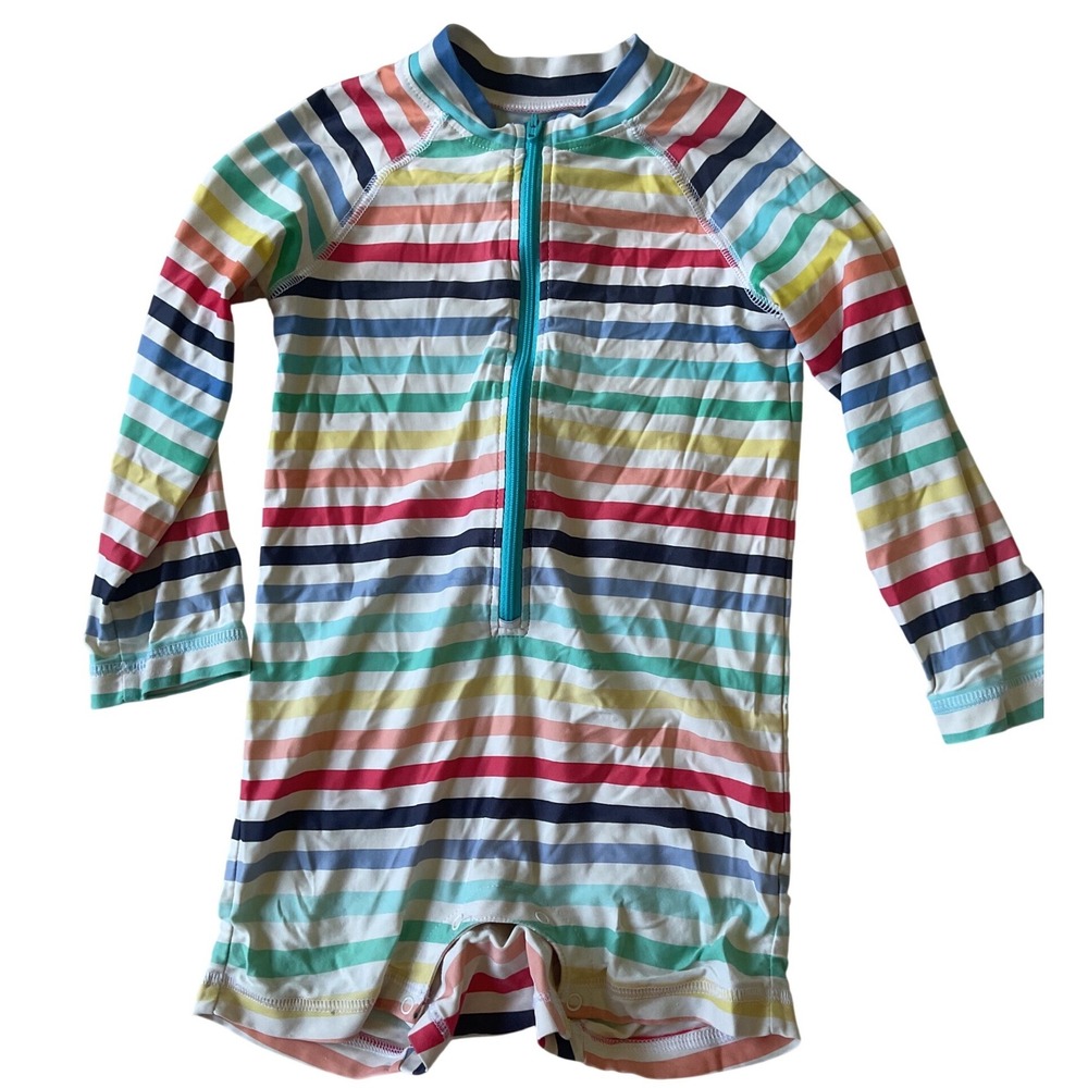 Primary Kids Rainbow Stripe Long Sleeve One Piece Rash Guard Swimsuit Size 2